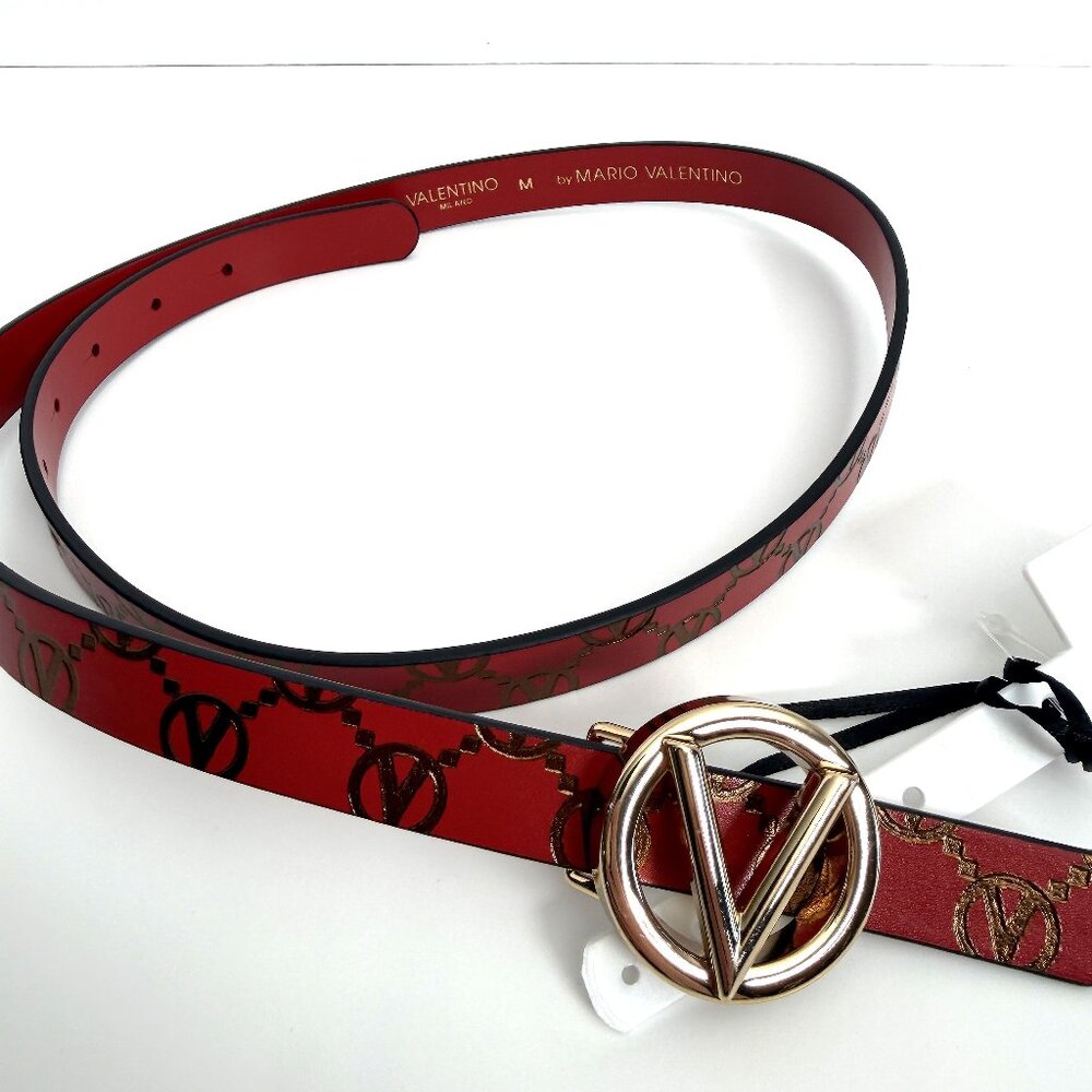 NEW VALENTINO AUTHENTIC MONOGRAM THIN LEATHER RED BELT​​ GOLD BUCKLE MEDIUM
